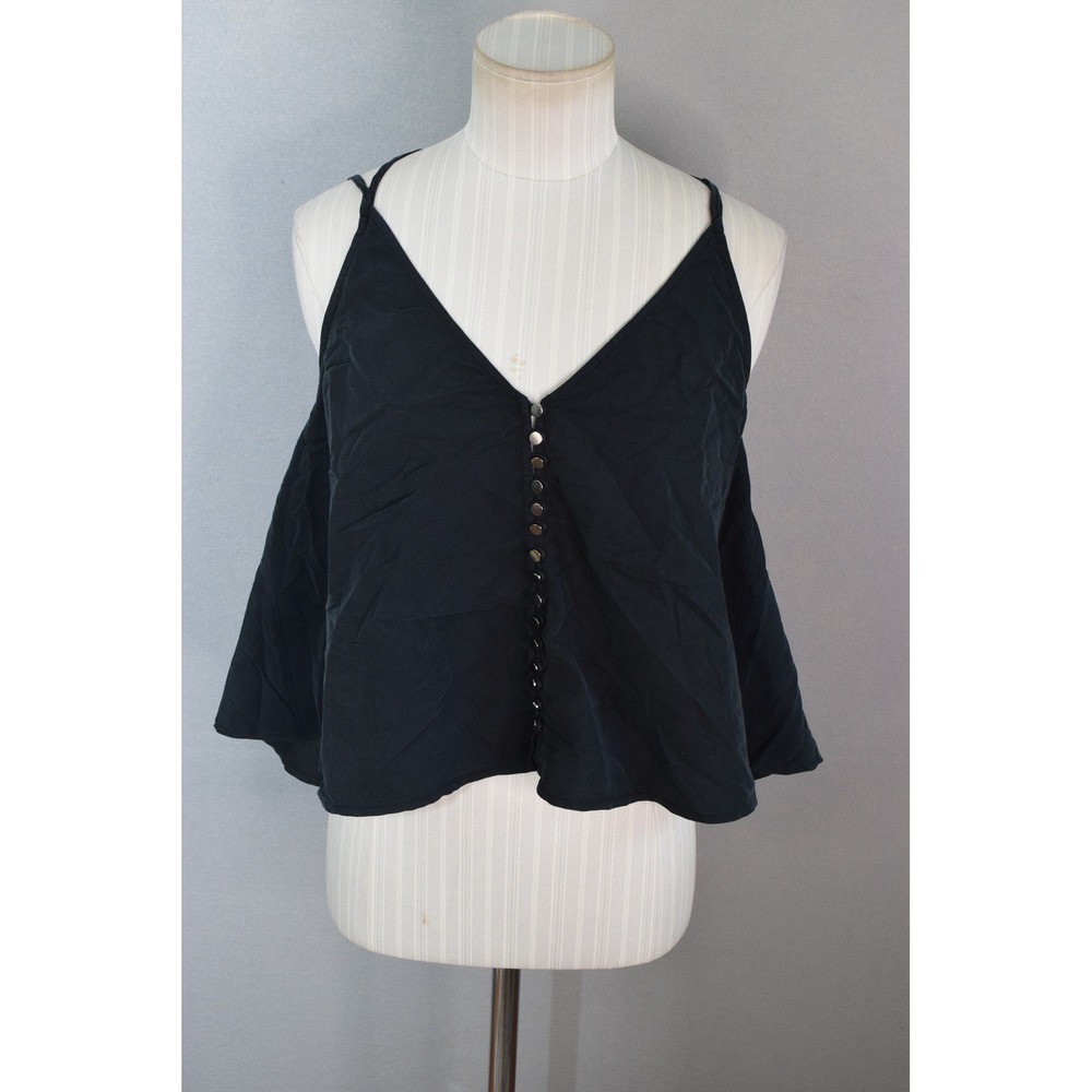 Free People Shimy Shaker Cami XS Black Button Open Back Boho Crop Top Satin